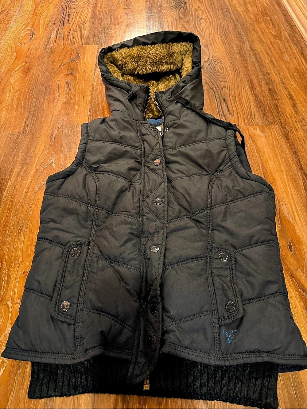 American Eagle Outfitters AE Faux Fur Hooded Puffer Vest Black XS